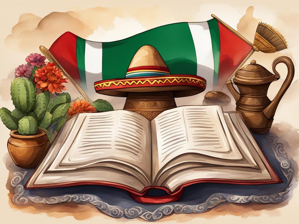 Símbolos icónicos de México alrededor de un libro abierto con versos de Octavio Paz